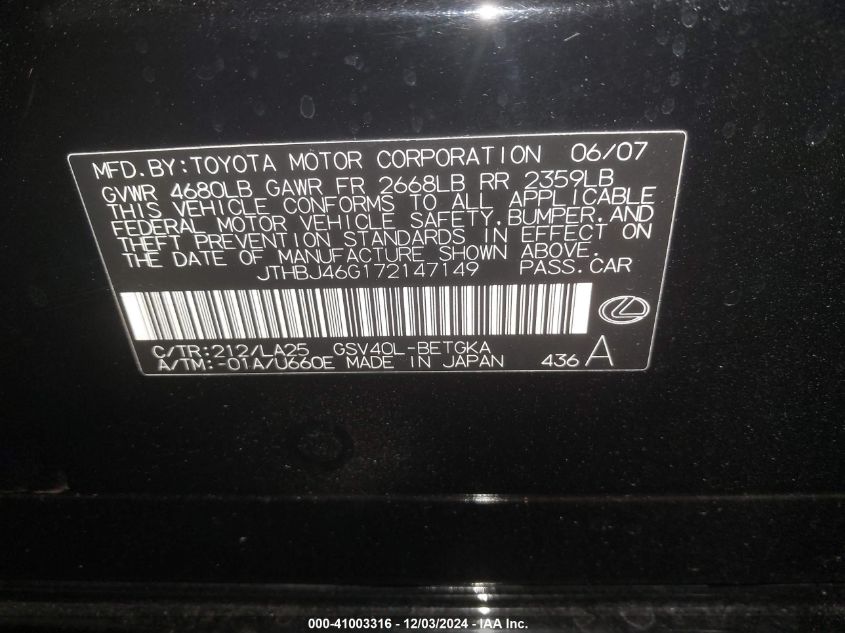 2007 Lexus Es 350 VIN: JTHBJ46G172147149 Lot: 41003316