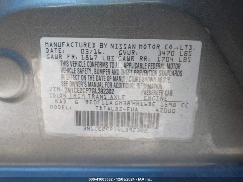 VIN 3N1CE2CP7GL392302 2016 NISSAN VERSA NOTE no.9