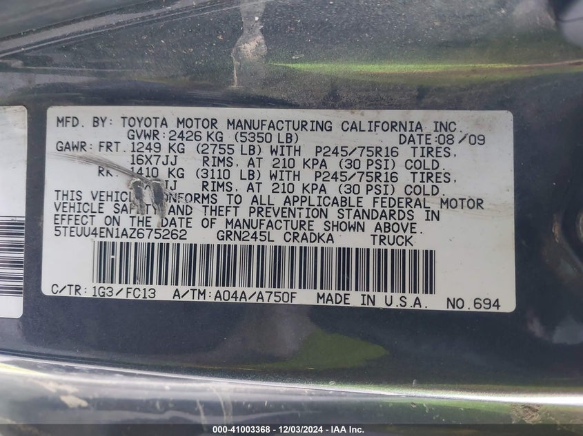 2010 TOYOTA TACOMA VIN: 5TEUU4EN1AZ675262