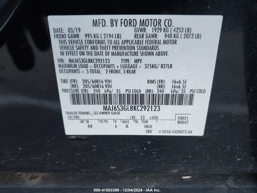 VIN MAJ6S3GL8KC292123 2019 Ford Ecosport, SE no.9