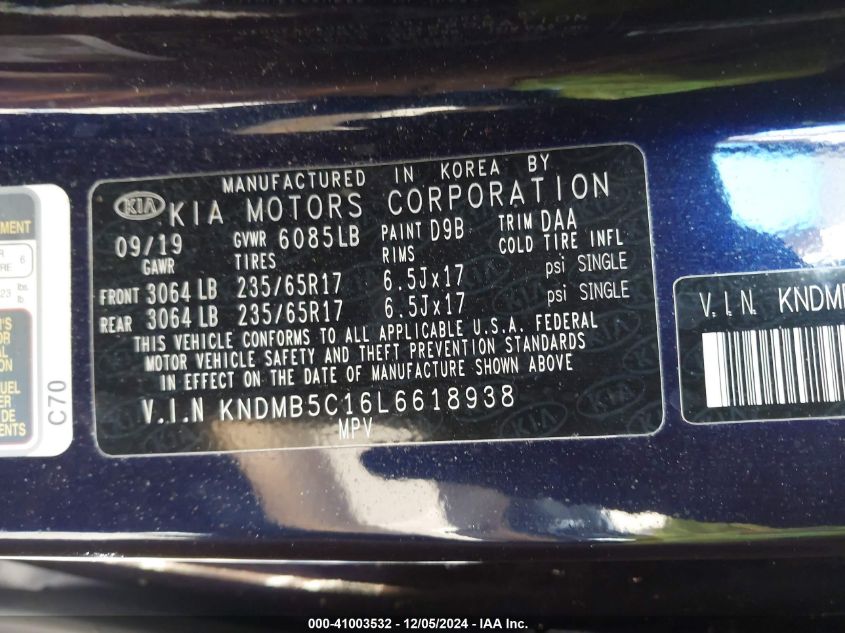 2020 Kia Sedona Lx VIN: KNDMB5C16L6618938 Lot: 41003532