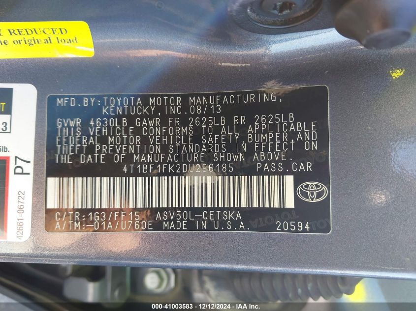 VIN 4T1BF1FK2DU296185 2013 Toyota Camry, SE no.9