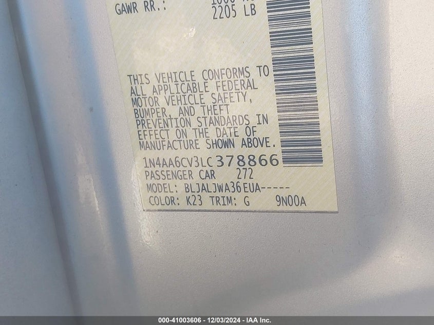 2020 NISSAN MAXIMA SV XTRONIC CVT - 1N4AA6CV3LC378866