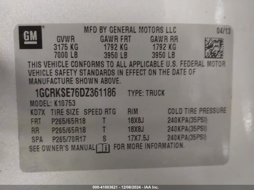 2013 CHEVROLET SILVERADO VIN: 1GCRKSE76DZ361186
