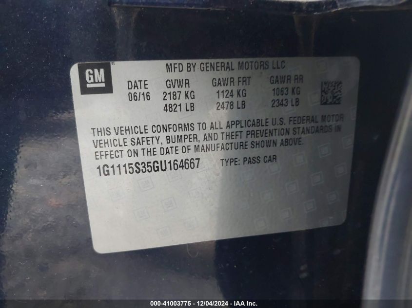 2016 CHEVROLET IMPALA 2LT - 1G1115S35GU164667