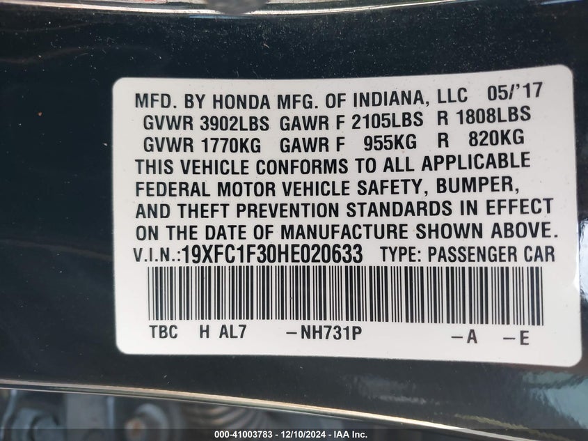 2017 HONDA CIVIC VIN: 19XFC1F30HE020633