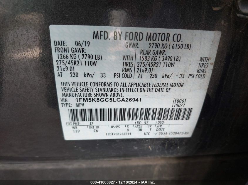 2020 Ford Explorer St VIN: 1FM5K8GC5LGA26941 Lot: 41003827