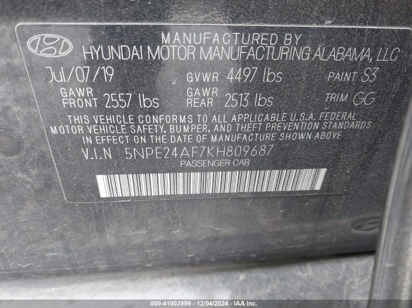 VIN 5NPE24AF7KH809687 2019 Hyundai Sonata, SE no.9