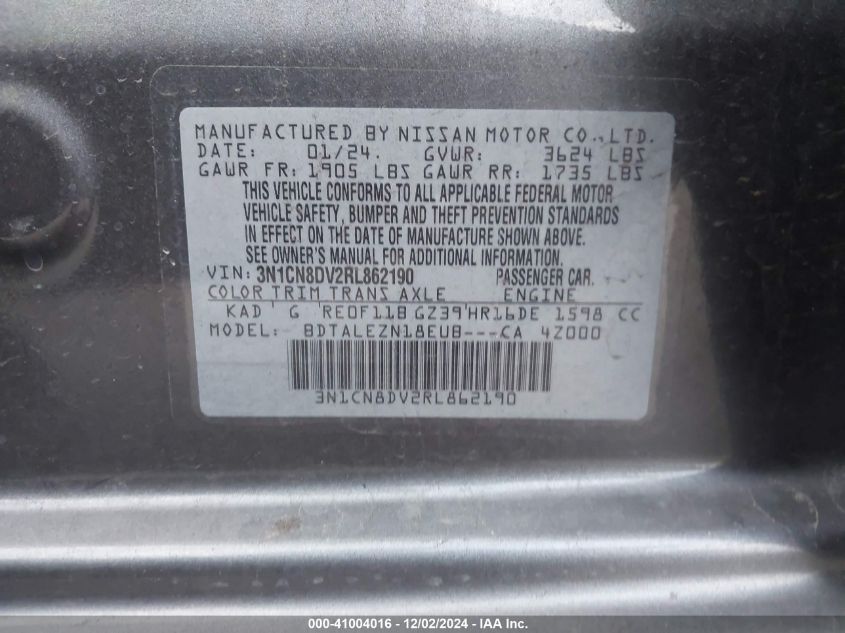 VIN 3N1CN8DV2RL862190 2024 Nissan Versa, 1.6 S no.9