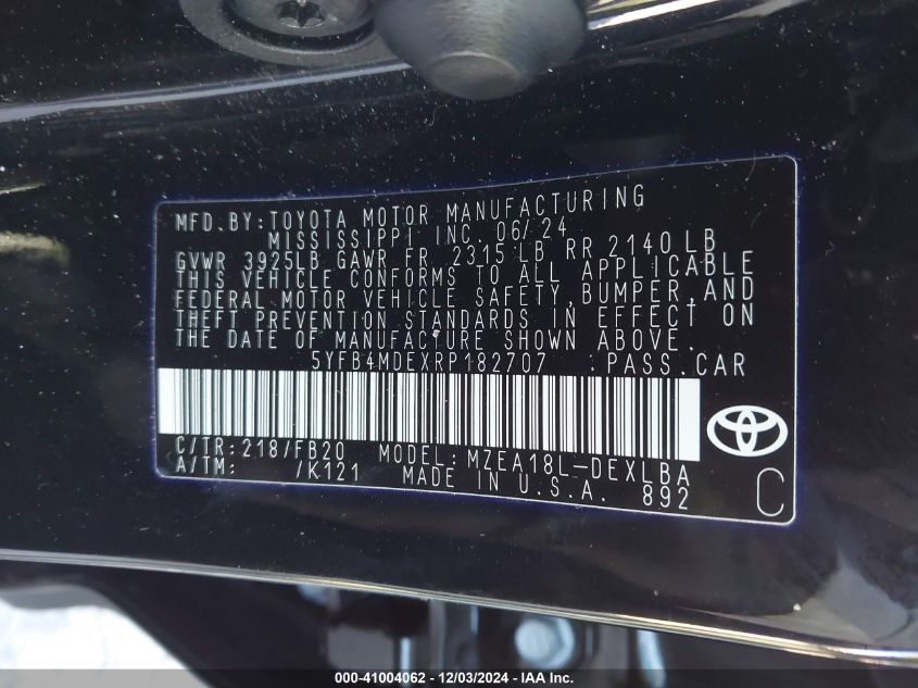 VIN 5YFB4MDEXRP182707 2024 Toyota Corolla, LE no.9