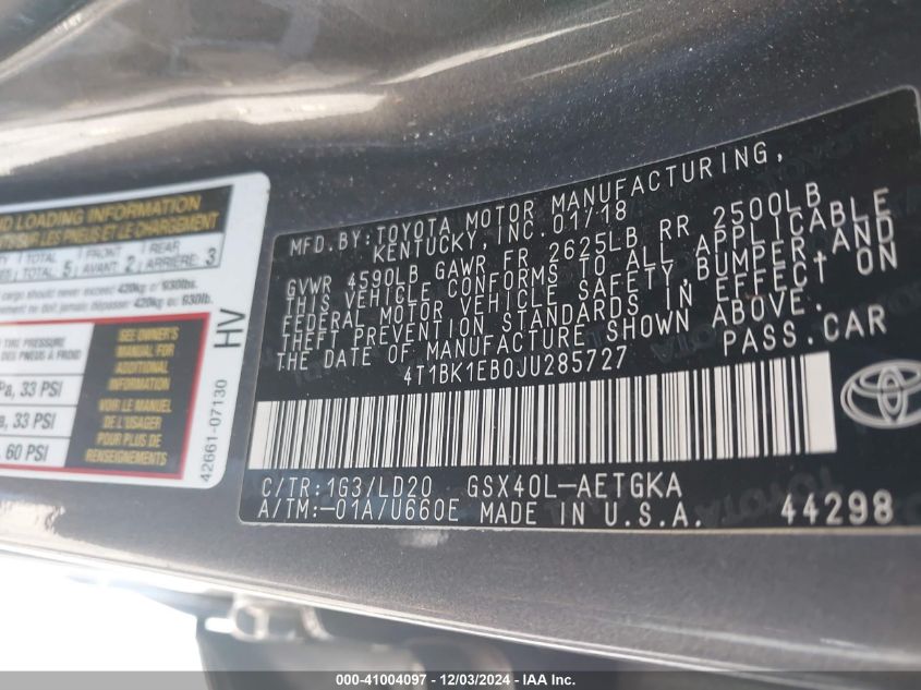 VIN 4T1BK1EB0JU285727 2018 TOYOTA AVALON XLE