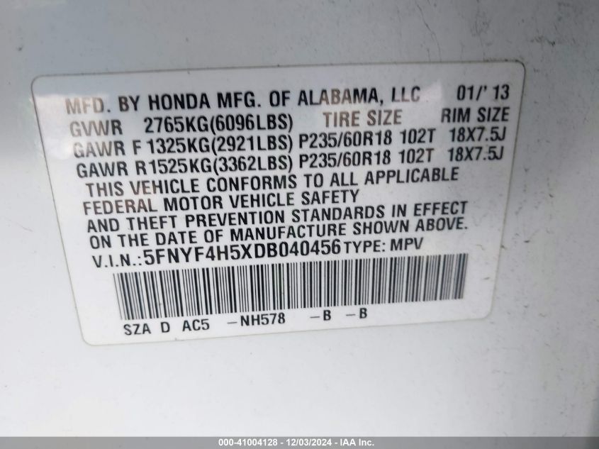 VIN 5FNYF4H5XDB040456 2013 Honda Pilot, Ex-L no.9