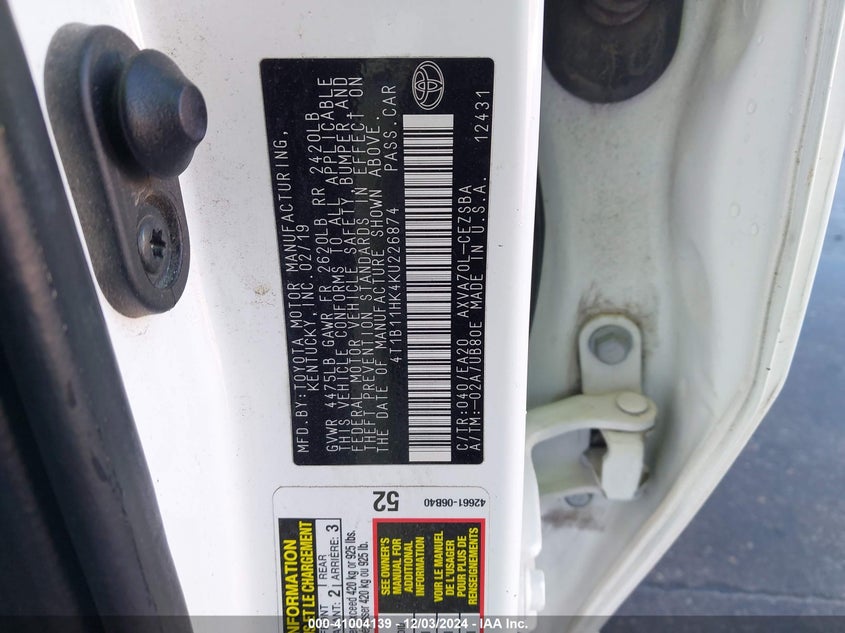 2019 TOYOTA CAMRY VIN: 4T1B11HK4KU226874