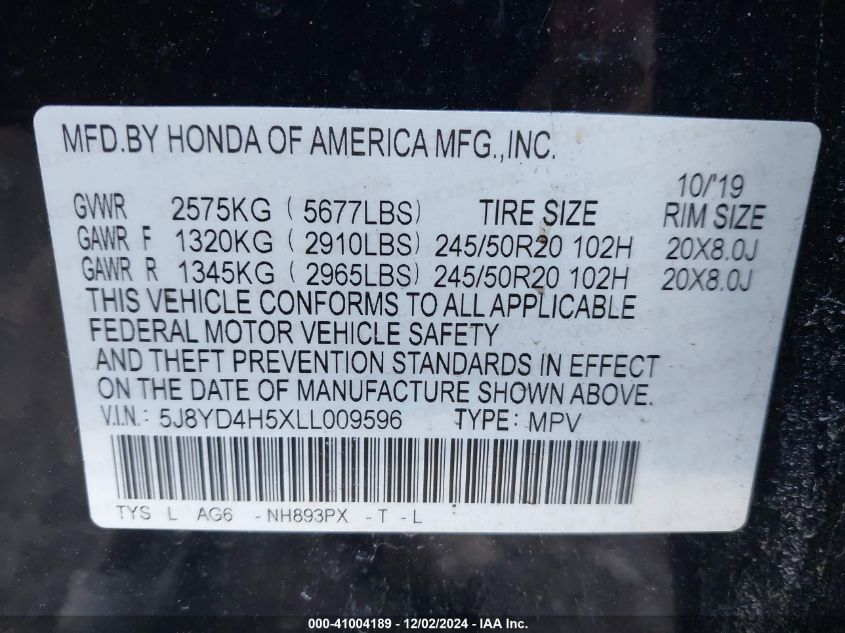 VIN 5J8YD4H5XLL009596 2020 Acura MDX, Technology Pa... no.9