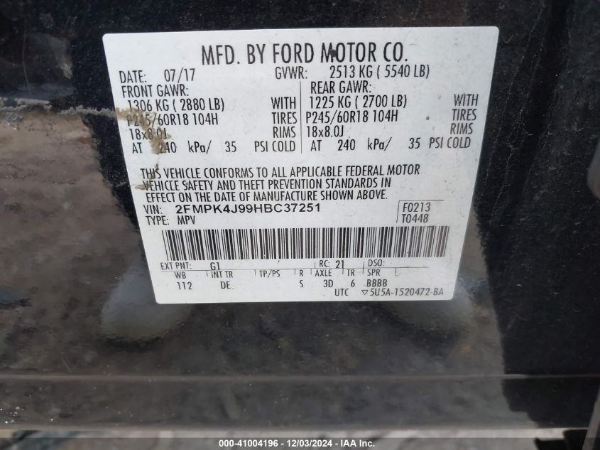 VIN 2FMPK4J99HBC37251 2017 Ford Edge, Sel no.9