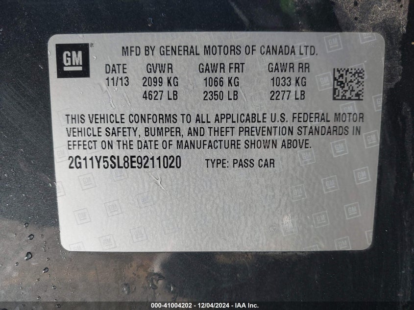 2014 CHEVROLET IMPALA VIN: 2G11Y5SL8E9211020