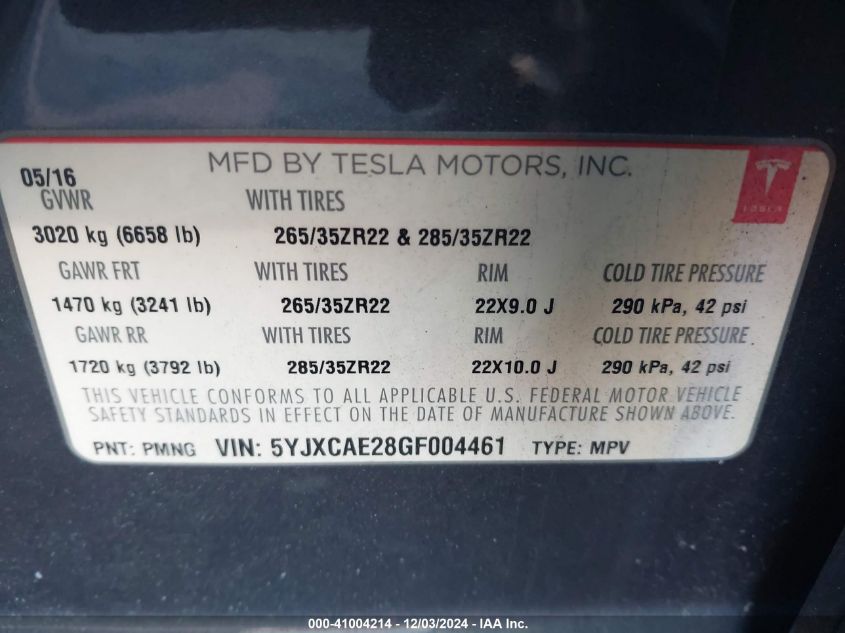 2016 Tesla Model X 60D/70D/75D/90D VIN: 5YJXCAE28GF004461 Lot: 41004214