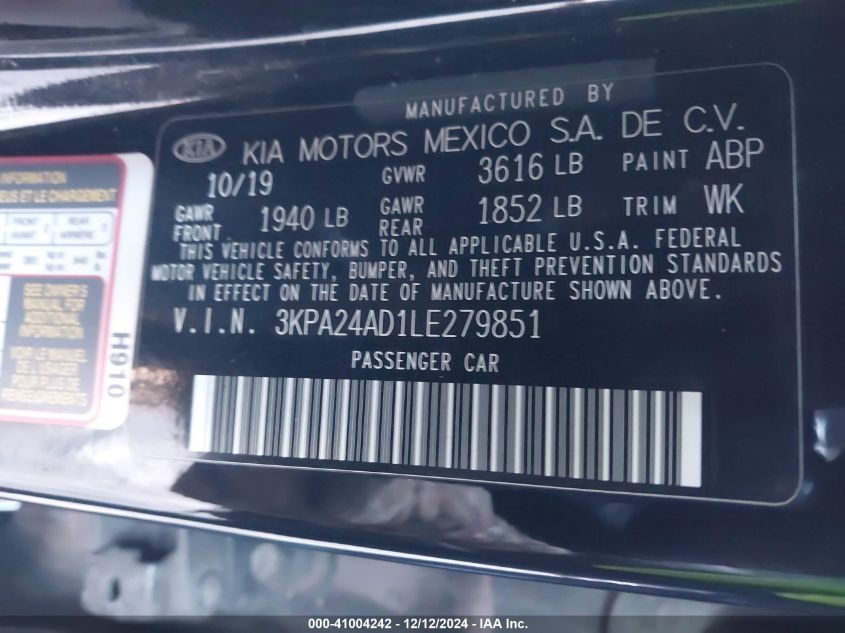 2020 Kia Rio Lx VIN: 3KPA24AD1LE279851 Lot: 41004242