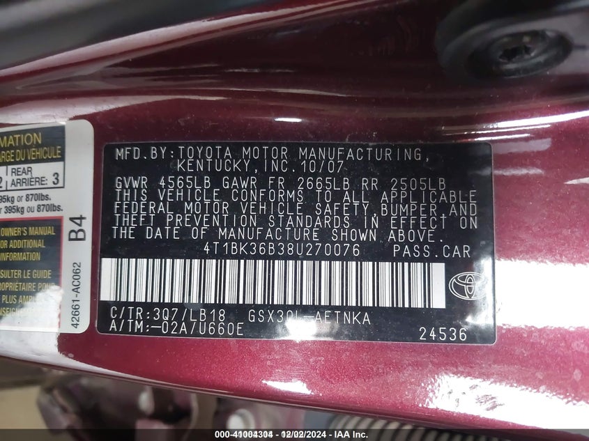 2008 TOYOTA AVALON VIN: 4T1BK36B38U270076