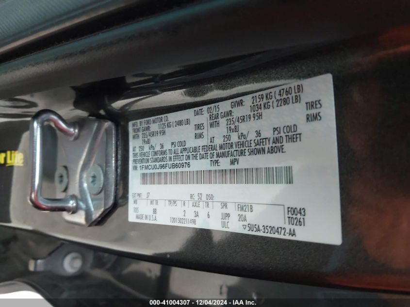 VIN 1FMCU0J96FUB60976 2015 Ford Escape, Titanium no.9