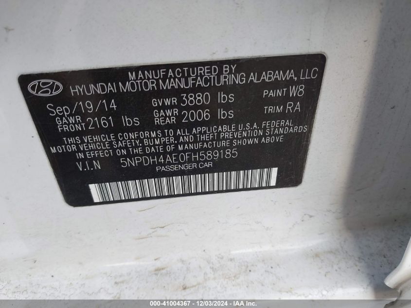 VIN 5NPDH4AE0FH589185 2015 HYUNDAI ELANTRA no.9