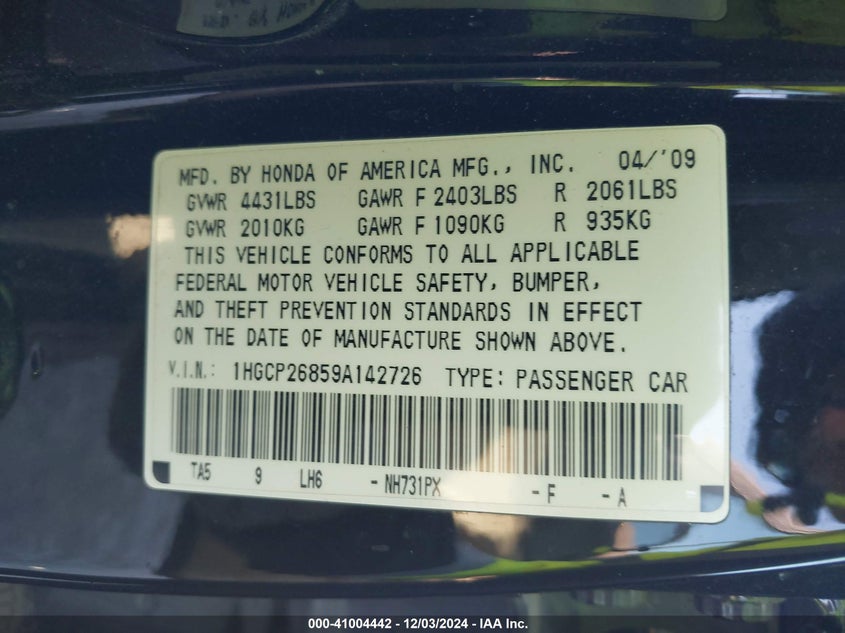 2009 HONDA ACCORD VIN: 1HGCP26859A142726