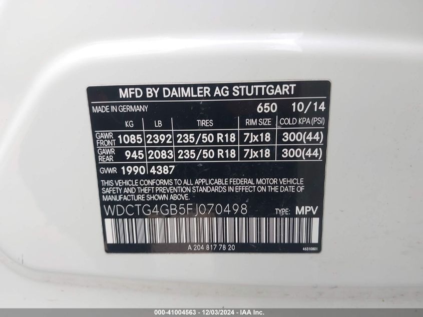 VIN WDCTG4GB5FJ070498 2015 Mercedes-Benz GLA 250, 4... no.9