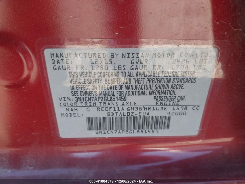 VIN 3N1CN7AP2GL851459 2016 Nissan Versa, 1.6 S/1.6... no.9