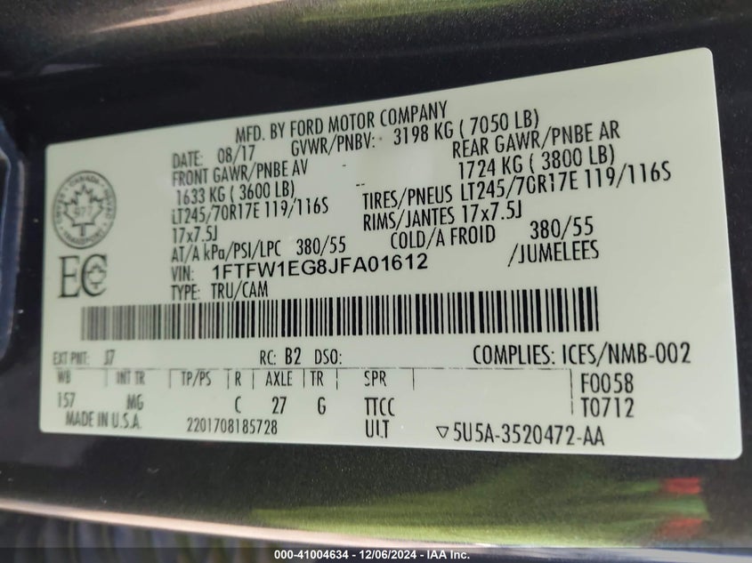 2018 FORD F-150 VIN: 1FTFW1EG8JFA01612