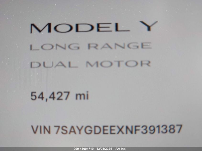 2022 Tesla Model Y Long Range Dual Motor All-Wheel Drive VIN: 7SAYGDEEXNF391387 Lot: 41004710