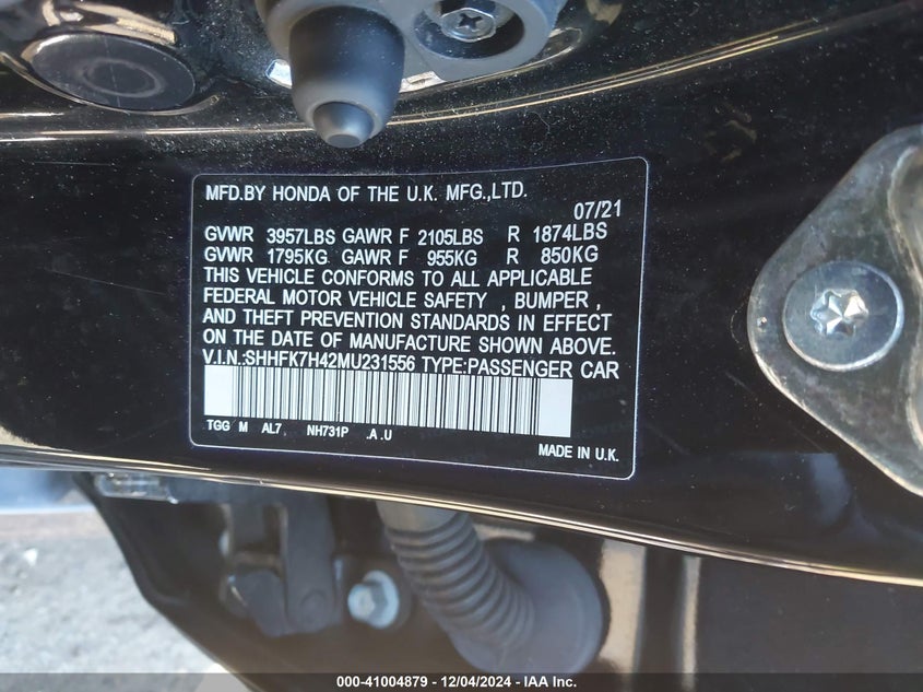 2021 HONDA CIVIC VIN: SHHFK7H42MU231556