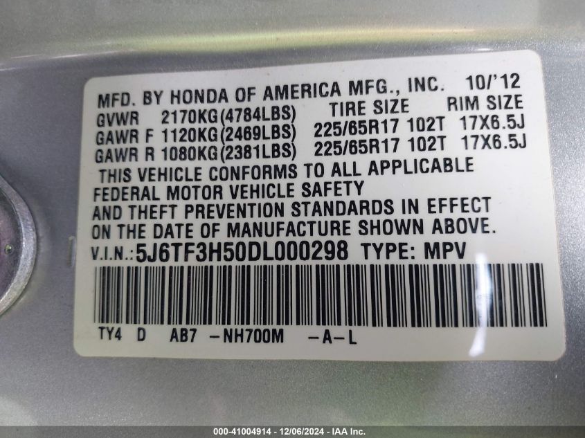 VIN 5J6TF3H50DL000298 2013 Honda Crosstour, Ex-L no.9