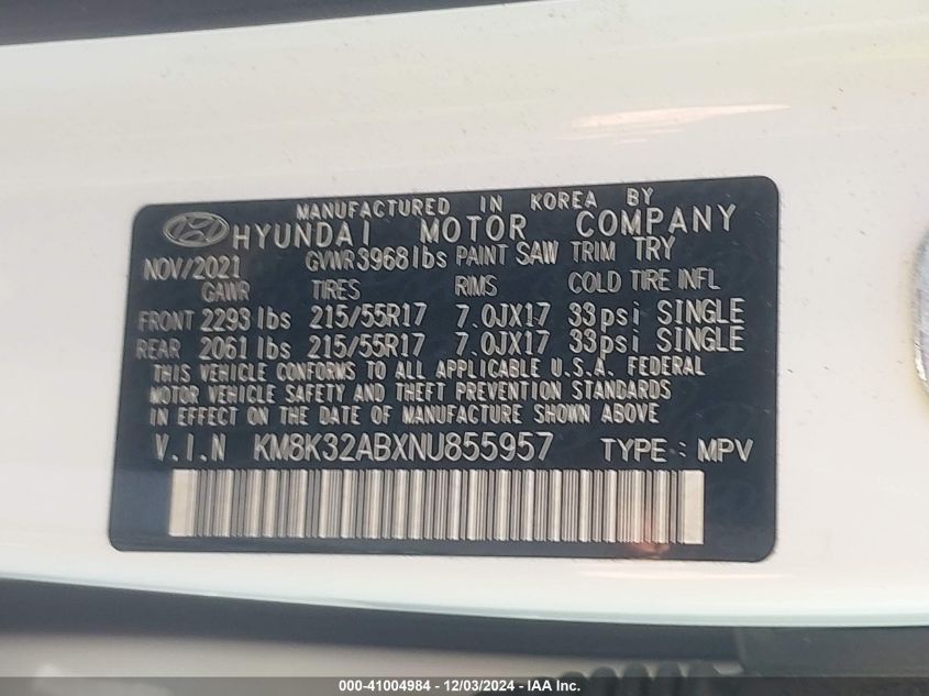 2022 Hyundai Kona Sel VIN: KM8K32ABXNU855957 Lot: 41004984