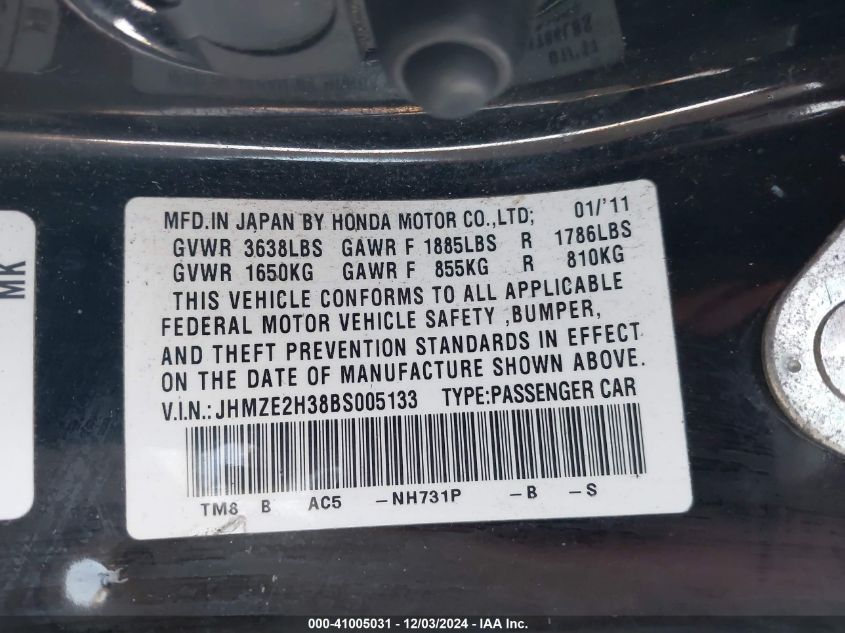 2011 Honda Insight VIN: JHMZE2H38BS005133 Lot: 41005031