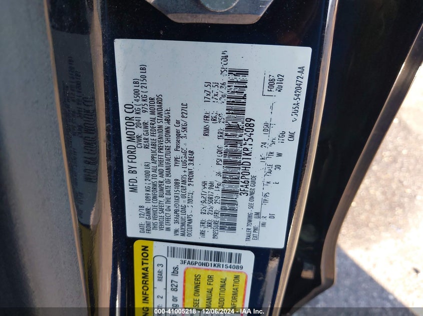 2019 FORD FUSION SE VIN: 3FA6P0HD1KR154089