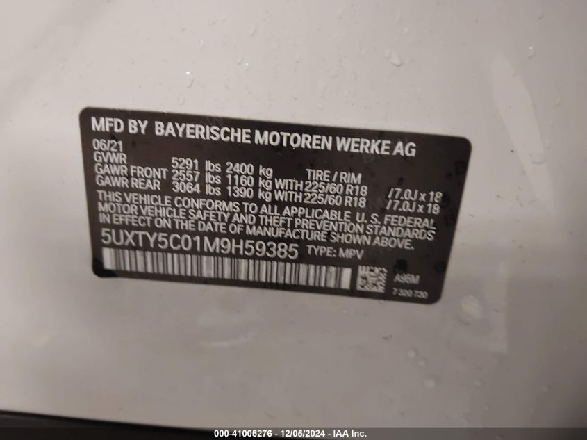 VIN 5UXTY5C01M9H59385 2021 BMW X3 no.9