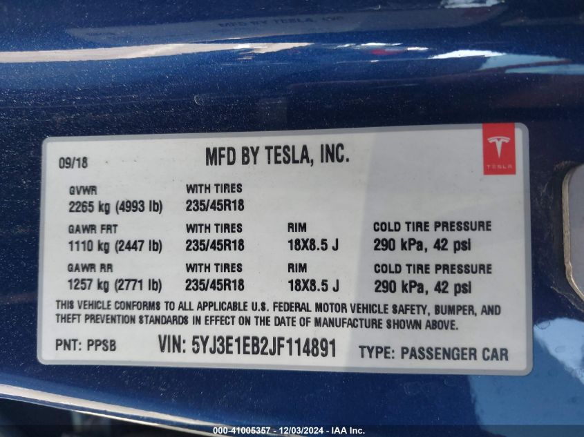 VIN 5YJ3E1EB2JF114891 2018 Tesla Model 3, Long Rang... no.9