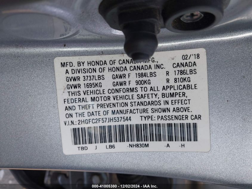 2018 HONDA CIVIC VIN: 2HGFC2F57JH537544