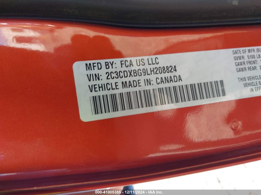 2020 DODGE CHARGER VIN: 2C3CDXBG9LH208824