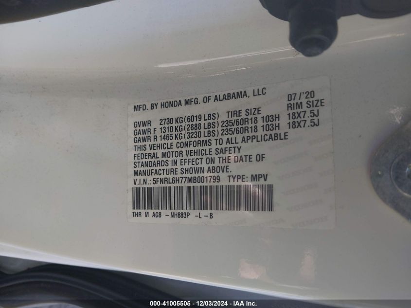 VIN 5FNRL6H77MB001799 2021 Honda Odyssey, Ex-L no.9