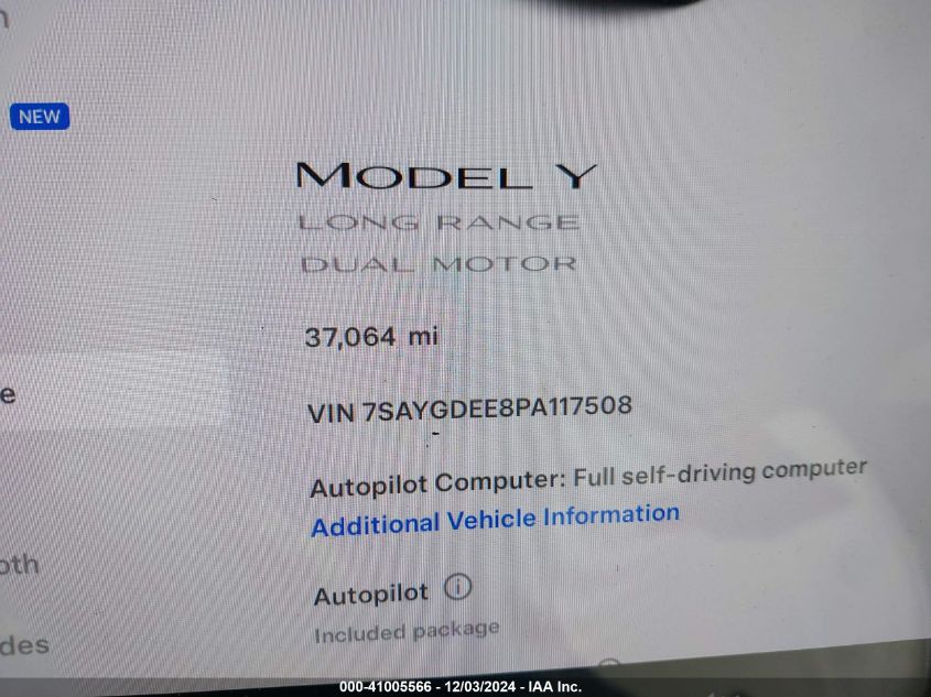 2023 Tesla Model Y Awd/Long Range Dual Motor All-Wheel Drive VIN: 7SAYGDEE8PA117508 Lot: 41005566