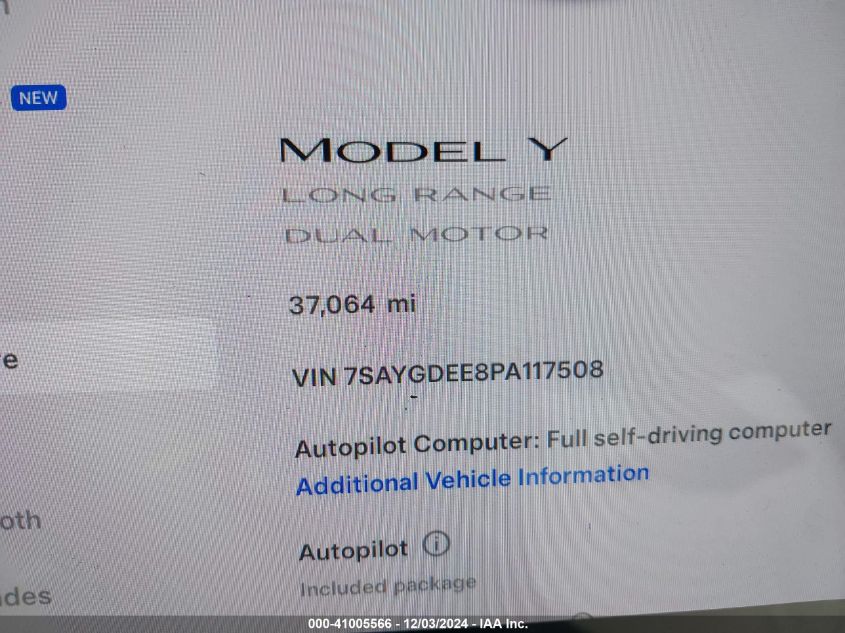 2023 Tesla Model Y Awd/Long Range Dual Motor All-Wheel Drive VIN: 7SAYGDEE8PA117508 Lot: 41005566