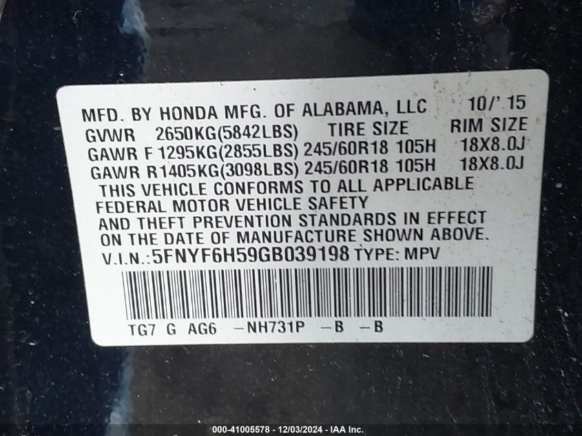 VIN 5FNYF6H59GB039198 2016 Honda Pilot, Ex-L no.9