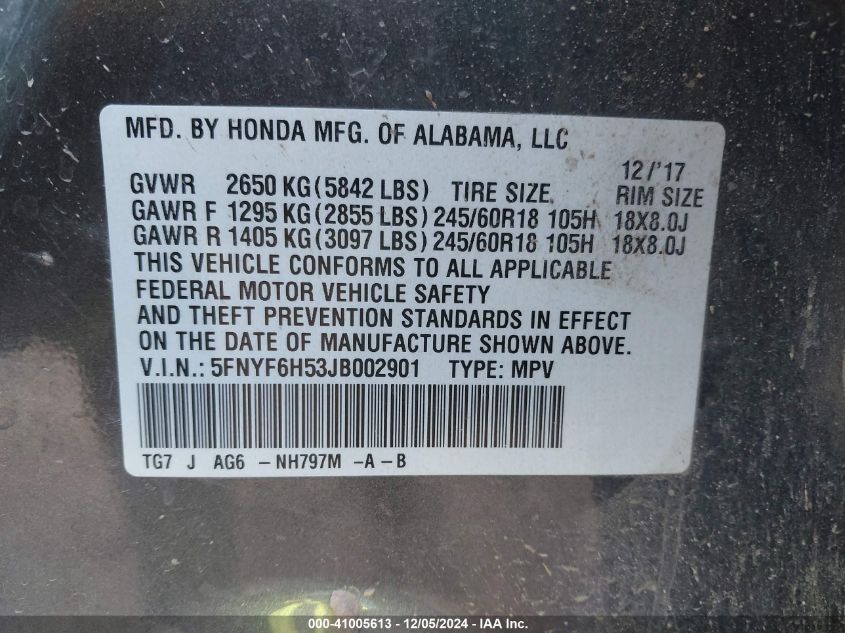 VIN 5FNYF6H53JB002901 2018 HONDA PILOT no.9