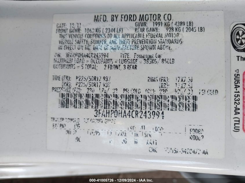 2012 Ford Fusion VIN: 3SAHP0HA4CR243994 Lot: 41005726