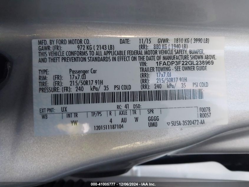 2016 FORD FOCUS SE - 1FADP3F22GL238969