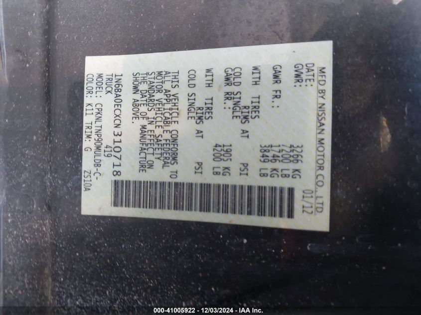 2012 NISSAN TITAN VIN: 1N6BA0ECXCN310718