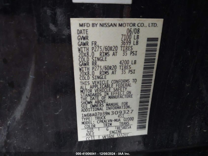 2009 NISSAN TITAN VIN: 1N6BA07D39N309327