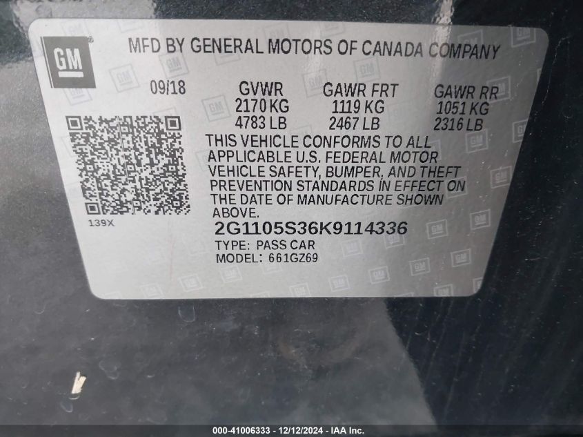 VIN 2G1105S36K9114336 2019 Chevrolet Impala, Premier no.9