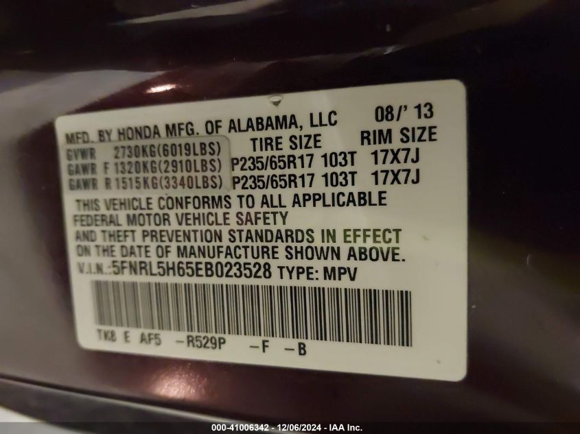 VIN 5FNRL5H65EB023528 2014 Honda Odyssey, Ex-L no.9